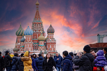 Moscow, Russia; January 2016: Lots of people in winter on Red Square in Moscow on a beautiful winter sunsetのeditorial素材