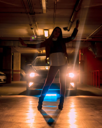 Photography with blue neon signs in front of a car in a parking lot. Portrait of a young pretty...