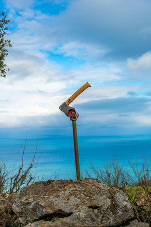 An ax on top of Mount Arno in the municipality of Mutriku in Gipuzkoa. Basque Country, Spain