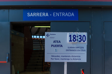 San Sebastian, Gipuzkoa. Spain. May 6, 2021: Access doors to the vaccination center, maximum...