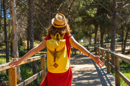 A young woman in a red dress walking along the wooden walkway towards Moncayo Beach in Guardamar del Segura, Alicante. Community of Valencia. Spainの写真素材