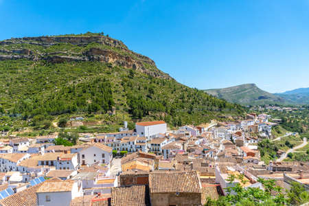 View of the town from the castle of the town of Chulilla in the mountains of the Valencian community. Spainの写真素材