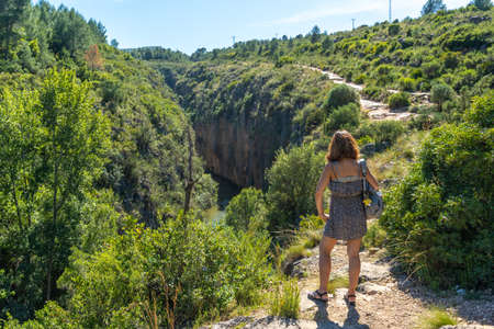 Route of the Pantaneros towards the hanging bridges in the Loriguilla reservoir. Chulilla town in the Valencian community. Spainの写真素材