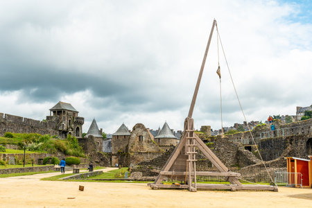 Original catapult in the medieval castle of Fougeres. Brittany region, Ille et Vilaine department,...