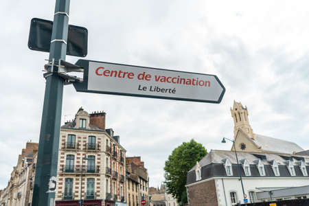 Vaccination center sign in Rennes city of Franceのeditorial素材