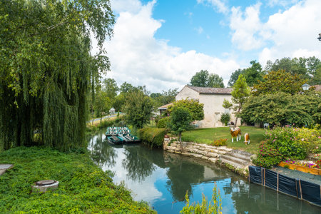 Jetty for boats to sail between La Garette and Coulon, Marais Poitevin the Green Venice, near the town of Niort, Franceの写真素材