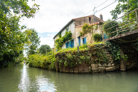 Pier Coulon and its beautiful canal, Marais Poitevin the Green Venice, near the city of Niort, Franceの写真素材