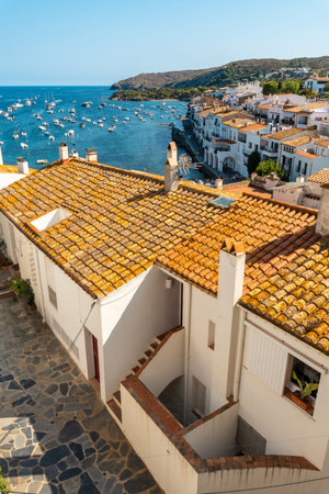 View of Cadaques from above, town on the Costa Brava of Catalonia, Gerona, Mediterranean sea. Spain
