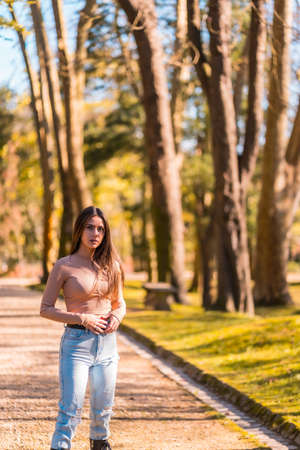 Lifestyle, young Caucasian brunette with a pink sweater and ripped jeans walking in a park in autumnの写真素材