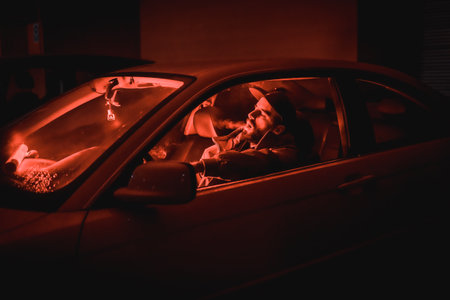 Rapper man in a cap in a car smoking at night in a garage lit with a red light in winter, sports carの写真素材