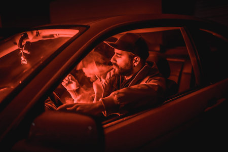 Man in a cap driving car smoking at night in a garage lit with a red light, sports car