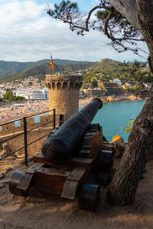 Cannons in the castle of Tossa de Mar in summer, Girona on the Costa Brava of Catalonia in the Mediterraneanのeditorial素材