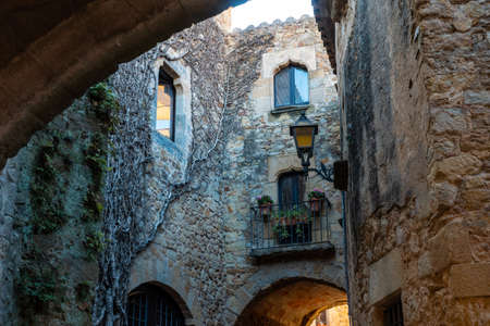 Pals medieval village, streets of the historic center, Girona on the Costa Brava of Catalonia in the Mediterraneanのeditorial素材
