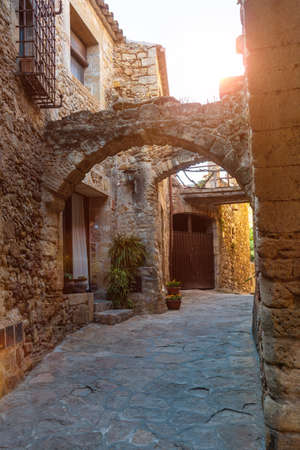 Pals medieval village, streets of the historic center, Girona on the Costa Brava of Catalonia in the Mediterraneanのeditorial素材