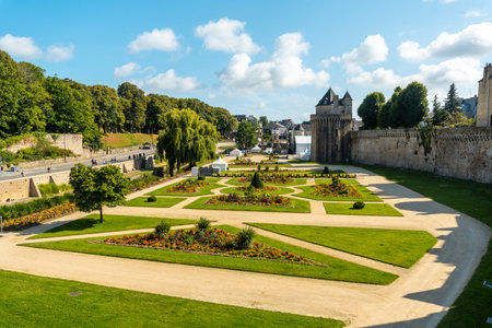 Vannes coastal medieval town, the lovely gardens of the Remparts Garden and the rampart, Morbihan department, Brittany, Franceのeditorial素材
