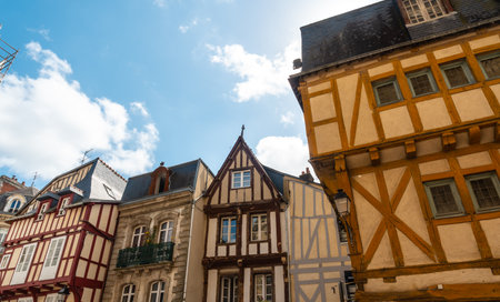Vannes coastal medieval town, traditional wooden colored houses, Morbihan department, Brittany, Franceのeditorial素材