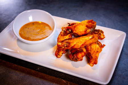 Wings with barbecue sauce on a black background, on a white plateの写真素材