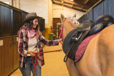 Cowgirl woman petting a horse in a stable, wearing southern usa hats, pink plaid shirt and jeansの写真素材