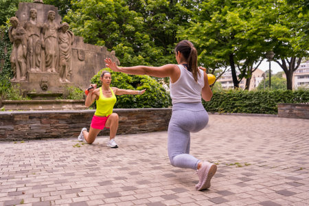Latin girl doing sports in a park in the city, lifestyle a healthy life, two girls doing stretching weights and squatsの写真素材
