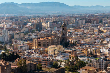 Views of the city and the Cathedral of the Incarnation of Malaga from the Gibralfaro Castle in the city of Malaga, Andalusia. Spainのeditorial素材
