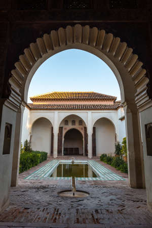 Patio with water fountains inside the Alcazaba in the city of Malaga, Andalusia. Spain. Medieval fortress in arabic styleのeditorial素材