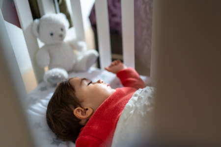 Baby napping in the crib. One year old Caucasian boy resting lying next to a stuffed animalの写真素材