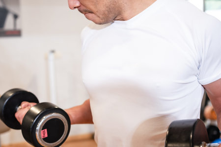 Detail of a caucasian man in the gym with a white t-shirt lifting weights, healthy and healthy life...