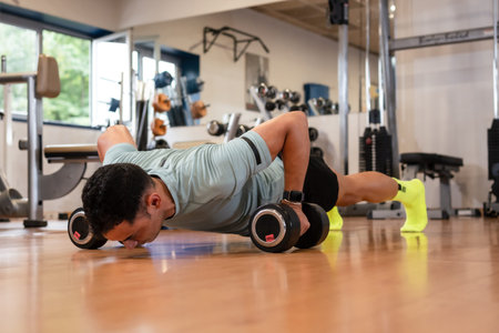 Portrait of a Caucasian man doing push-ups with weights with a lot of effort, healthy and healthy...