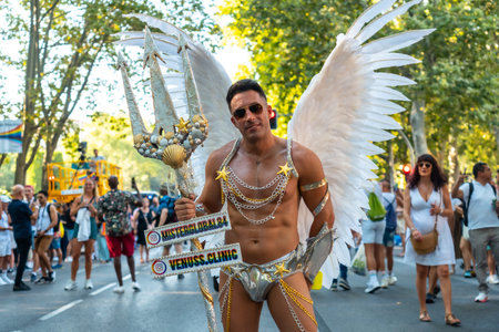 Madrid, Spain: July 9, 2022: A man dressed as an angel at the gay pride party, lgbt in Madrid