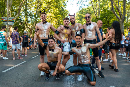 Madrid, Spain: July 9, 2022: A group of friends at the gay pride party, lgbt in Madridのeditorial素材