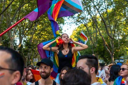 Madrid, Spain: July 9, 2022: Multiple pride flag and rainbow in the party of the gay pride parade, lgbt in Madridのeditorial素材