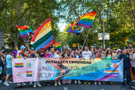 Madrid, Spain: July 9, 2022: Multiple pride flag and rainbow in the party of the gay pride parade, lgbt in Madridのeditorial素材