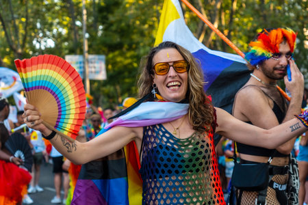 Madrid, Spain: July 9, 2022: Joy and fun at the gay pride parade party, lgbt in Madrid