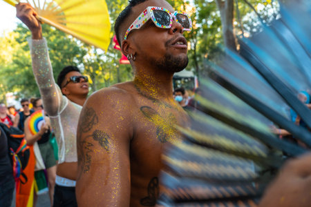 Madrid, Spain: July 9, 2022: Black ethnic pride dancers at the gay, lgbt, lgtbi pride parade party...