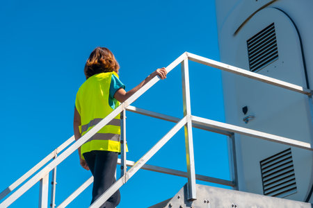 Woman worker in a wind farm, green energy, climbing the stairs of the turbine, technical reviewの写真素材