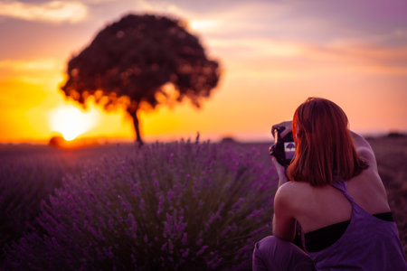 A woman at sunset in a lavender field with purple flowers, Brihuega. Guadalajara, Spain.の写真素材
