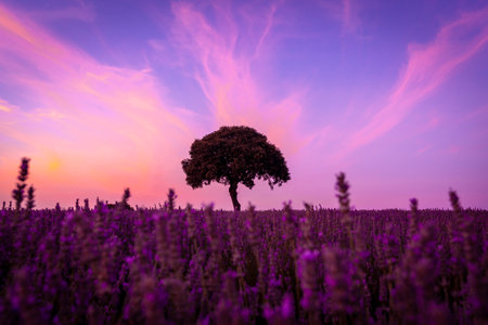 Silhouette of a tree at sunset in a lavender field, Brihuega. Guadalajaraの写真素材