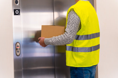 Young delivery man in protective uniform at online order delivery, going up in elevatorの写真素材