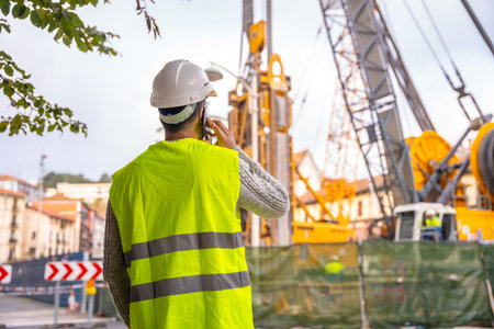 Technician engineer observing the team of workers at the construction site in the city