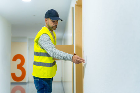 A young delivery man in a protective uniform at the delivery of the online order, at home delivery