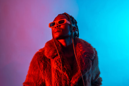 Black ethnic woman with braids with red and blue led lights, studio shoot