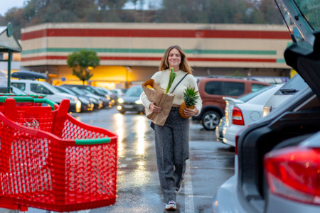 Woman with purchase from supermarket in parking lot, vegetarian food, reaching carの写真素材