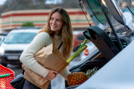 Woman with purchase from supermarket in parking lot, vegetarian food, reaching carの写真素材