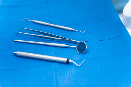 Dental clinic, disinfected tools before the operation on the dentist's working table