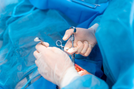 Dental clinic, female dentist doctor applying anesthesia injection before operation