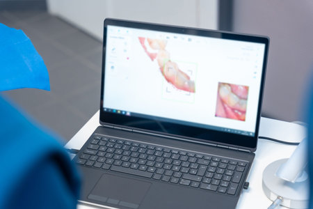 Dental clinic, dentist performing a 3d scan to the patient with the computer