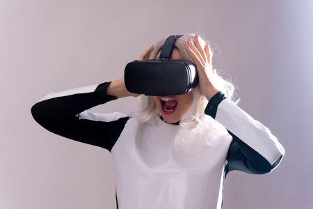Woman wearing virtual reality glasses, futuristic concept, metaverse surprised with virtual world