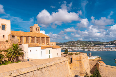 Cathedral of Santa Maria from the wall of the medieval castle of Ibiza, Balearic Islands, Eivissa