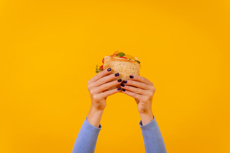 Hands of a woman with a sandwich on a yellow background, healthy foodの写真素材