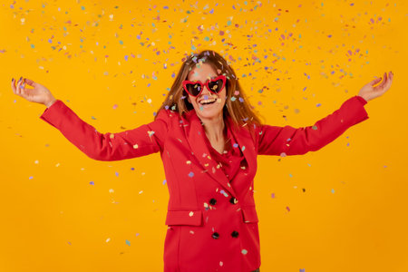 Woman smiling in red dress on a yellow background throwing with confetti, party concept
